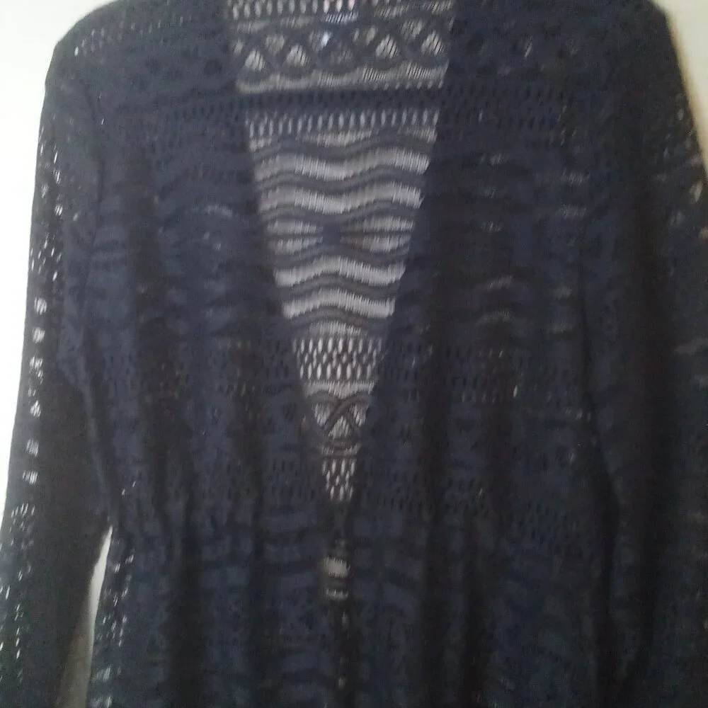 Dotti Cardigan Sweater Women S Long Sleeve Fringe Lace Open Tie Front Black